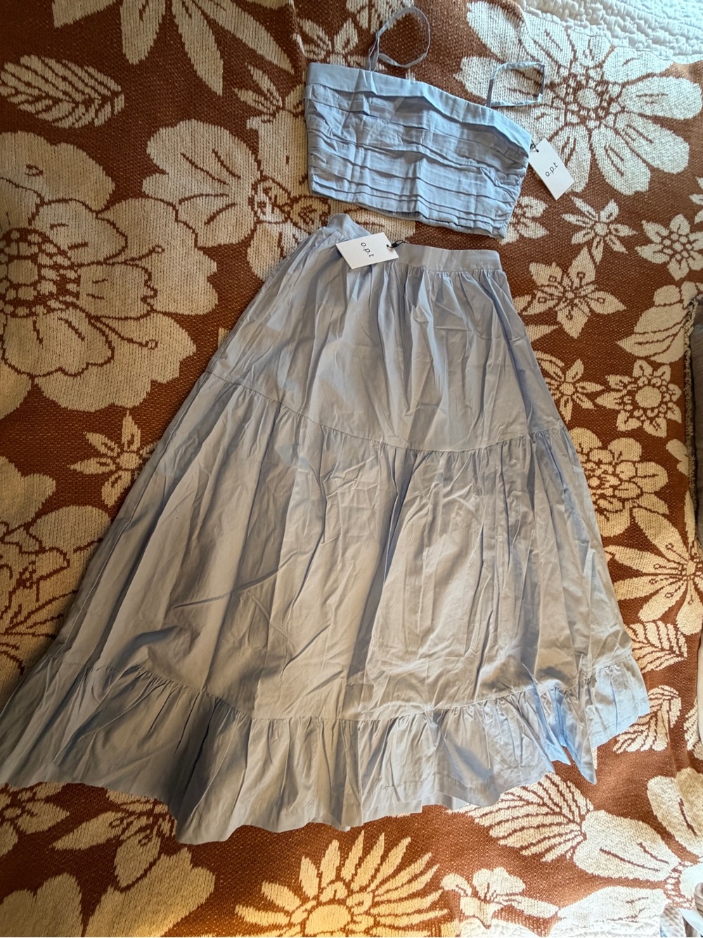 Anthropologie✨Light Blue 2-Pc Ruched Crop Top & Tiered Midi Dress✨ 100% Cotton✨ - Picture 3 of 11